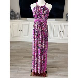 INC International Concepts Pink Paisley Halter Maxi Dress, Keyhole Back, Size S